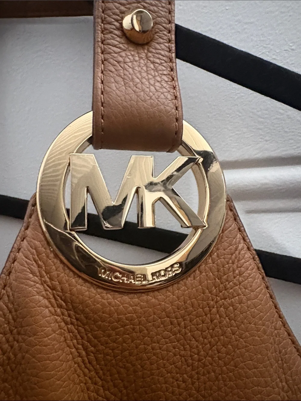 Michael Kors Tan and Cream MK Logo Hobo Shoulder Bag with Gold MK Charm